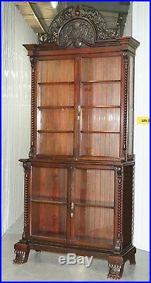 Huge 3 Meter Tall Victorian Mahogany Hand Carved Wood Library Bookcase Ornate