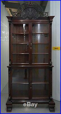 Huge 3 Meter Tall Victorian Mahogany Hand Carved Wood Library Bookcase Ornate