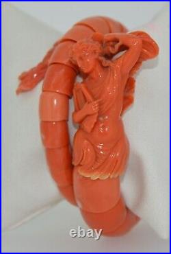 Incredible Natural Coral Hand Carved Victorian Figural Wrap Bracelet