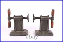 Industrial Age PAIR VICTORIAN HAND CRANK IRON BOOKENDS. They work. Late 1700's