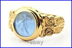 Italian Art Deco Era 18K Yellow Gold Hand Carved Cupid Blue Venetian Glass Ring