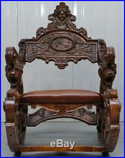 Italian Circa 1850 Fruitwood Restored Hand Carved Lion & Cherub Rocking Armchair