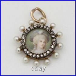 Jacques & Marcus Antique, Victorian Miniature, Hand Painted Pearl & Rose Cut Dia