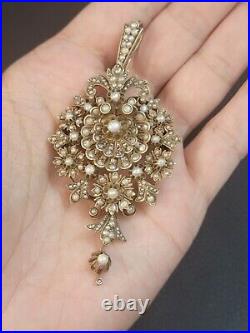 LARGE ANTIQUE VICTORIAN ERA PENDANT & BROOCH 10KT GOLD With185 SEED PEARLS With BOX