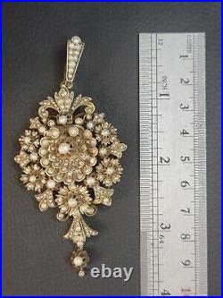 LARGE ANTIQUE VICTORIAN ERA PENDANT & BROOCH 10KT GOLD With185 SEED PEARLS With BOX