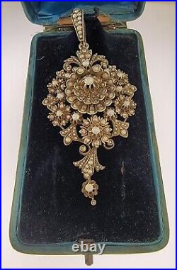 LARGE ANTIQUE VICTORIAN ERA PENDANT & BROOCH 10KT GOLD With185 SEED PEARLS With BOX