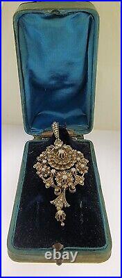 LARGE ANTIQUE VICTORIAN ERA PENDANT & BROOCH 10KT GOLD With185 SEED PEARLS With BOX