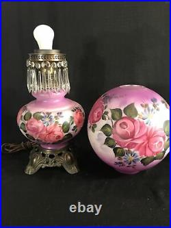 LARGE & RARE Hand Painted VICTORIAN 3 Way Lamp With Prisms & Floral Roses 25 H