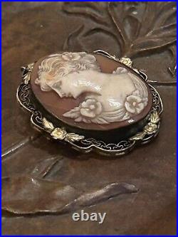 LEFT FACING Antique Heirloom Victorian Hand Carved Shell CAMEO PENDANT BROOCH