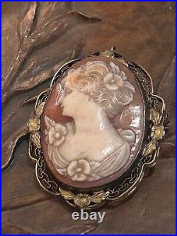 LEFT FACING Antique Heirloom Victorian Hand Carved Shell CAMEO PENDANT BROOCH