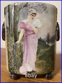 LIMOGES Cache Pot Vase Hand Painted Lady In Countryside RARE Luster Gold Signed