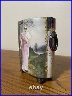 LIMOGES Cache Pot Vase Hand Painted Lady In Countryside RARE Luster Gold Signed