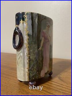 LIMOGES Cache Pot Vase Hand Painted Lady In Countryside RARE Luster Gold Signed