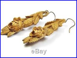 LOVELY ANTIQUE VICTORIAN ENGLISH HAND CARVED WOOD DROP EARRINGS ROSES c1870
