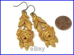 LOVELY ANTIQUE VICTORIAN ENGLISH HAND CARVED WOOD DROP EARRINGS ROSES c1870