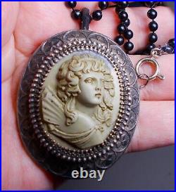 Large 1 3/4 Lava Cameo Goddess with Wings Necklace 1900s Hand Carved High Relief
