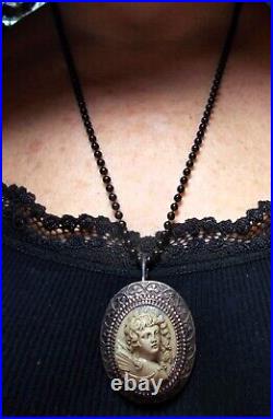 Large 1 3/4 Lava Cameo Goddess with Wings Necklace 1900s Hand Carved High Relief
