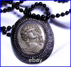 Large 1 3/4 Lava Cameo Goddess with Wings Necklace 1900s Hand Carved High Relief