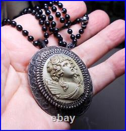 Large 1 3/4 Lava Cameo Goddess with Wings Necklace 1900s Hand Carved High Relief