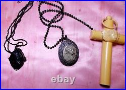Large 1 3/4 Lava Cameo Goddess with Wings Necklace 1900s Hand Carved High Relief