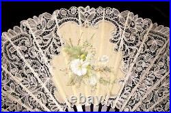 Large Antique Hand Fan Mother of Pearl Bobbin Lace Hand Painted