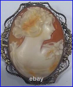 Large Antique Victorian Art Deco Sterling Silver Hand Carved Shell Cameo Brooch