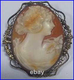 Large Antique Victorian Art Deco Sterling Silver Hand Carved Shell Cameo Brooch