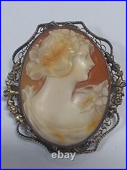 Large Antique Victorian Art Deco Sterling Silver Hand Carved Shell Cameo Brooch