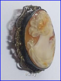 Large Antique Victorian Art Deco Sterling Silver Hand Carved Shell Cameo Brooch