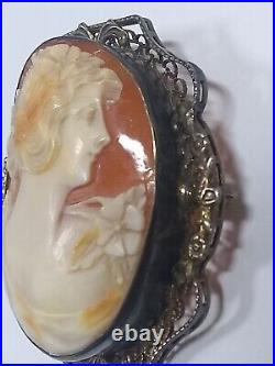 Large Antique Victorian Art Deco Sterling Silver Hand Carved Shell Cameo Brooch