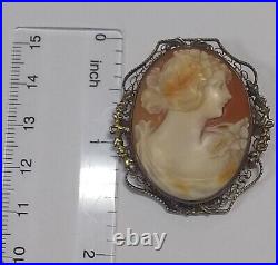 Large Antique Victorian Art Deco Sterling Silver Hand Carved Shell Cameo Brooch