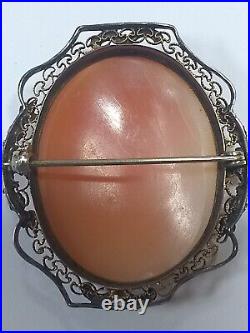 Large Antique Victorian Art Deco Sterling Silver Hand Carved Shell Cameo Brooch