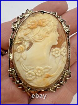 Large Antique Victorian Hand Carved Shell Cameo Brooch / Pendant, 14K Gold Frame