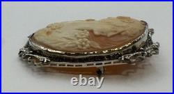 Large Antique Victorian Hand Carved Shell Cameo Brooch / Pendant, 14K Gold Frame