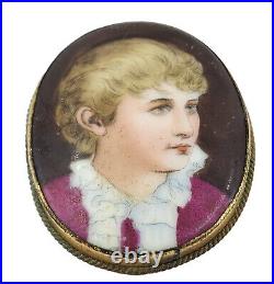 Large Antique Victorian Hand Painted Porcelain Lady Portrait Pin Brooch 2 1/8