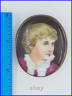 Large Antique Victorian Hand Painted Porcelain Lady Portrait Pin Brooch 2 1/8