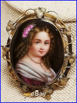Large Antique Victorian Hand Painted Porcelain Portrait of Girl Brooch C-Clasp