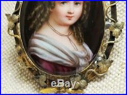 Large Antique Victorian Hand Painted Porcelain Portrait of Girl Brooch C-Clasp