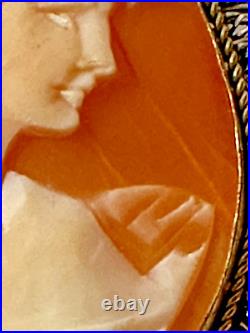 Large Artist Signed Antique Hand Carved Shell Cameo Lady Profile Victorian