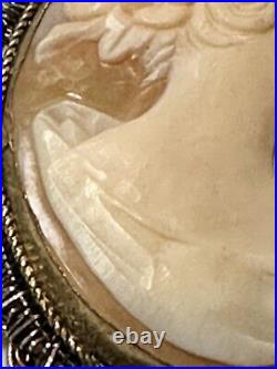 Large Artist Signed Antique Hand Carved Shell Cameo Lady Profile Victorian