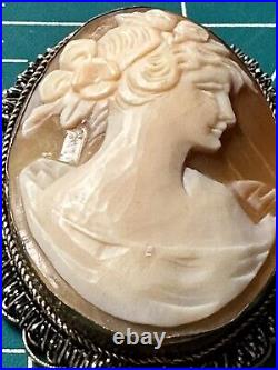 Large Artist Signed Antique Hand Carved Shell Cameo Lady Profile Victorian