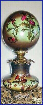Large C. 1800's Hand Painted Thistle GWTW Oil Lamp Electrified One Of The Best