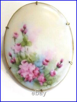 Large Hand Painted Oval Porcelain Victorian Pink Rose Flower Floral Pin Brooch