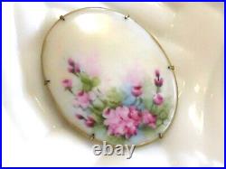 Large Hand Painted Oval Porcelain Victorian Pink Rose Flower Floral Pin Brooch