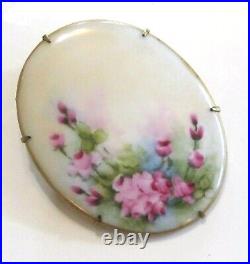 Large Hand Painted Oval Porcelain Victorian Pink Rose Flower Floral Pin Brooch