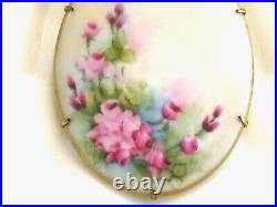 Large Hand Painted Oval Porcelain Victorian Pink Rose Flower Floral Pin Brooch