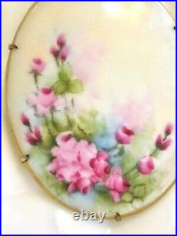 Large Hand Painted Oval Porcelain Victorian Pink Rose Flower Floral Pin Brooch