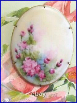 Large Hand Painted Oval Porcelain Victorian Pink Rose Flower Floral Pin Brooch