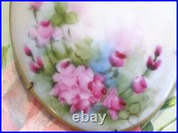 Large Hand Painted Oval Porcelain Victorian Pink Rose Flower Floral Pin Brooch