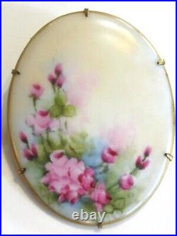 Large Hand Painted Oval Porcelain Victorian Pink Rose Flower Floral Pin Brooch